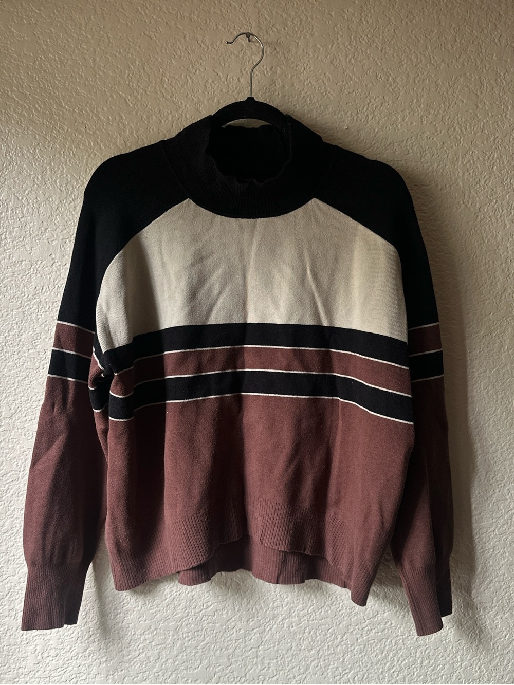 Free People Colorblock Turtleneck Sweater in Black, Cream & Brown